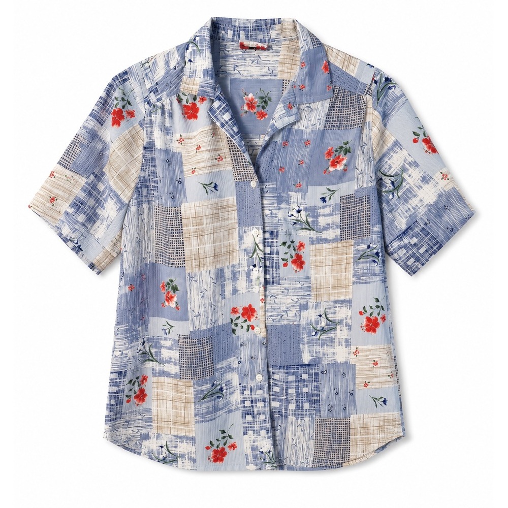 Vintage Women's Crinkle Button Front Shirt Blue Floral Patchwork Cottagecore 12